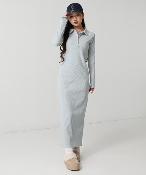 ANAP（アナップ）の「ポロ襟 リブ ロング ワンピース（ワンピース・レディース・ライトブルー/ダークグレー/ライトグレー・F）」の5枚目の写真