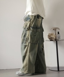 ダメージ加工ワイドデニムカーゴパンツ