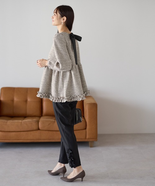 Neige（ネージュ）の「裾リボンフリルパンツ（スラックス・レディース・ブラック/グレー/ピンク/ネイビー/ブラウン・ONE SIZE）」の8枚目の写真