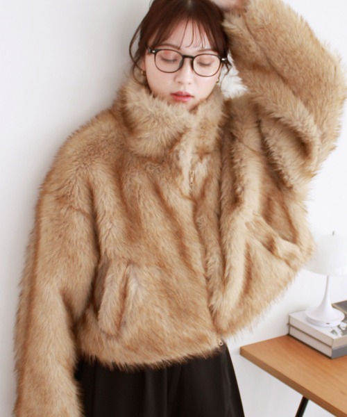 ミックスファーショートコート / ダブルジップ スタンドカラー