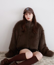 Reurie' | ミックスファーショートコート / ダブルジップ スタンドカラー ショート丈 クロップド丈 ボリュームアウター カジュアル 韓国 ガーリー Y2K ふわふわ もこもこ ブラウン ベージュ グレー ブラック(その他アウター)