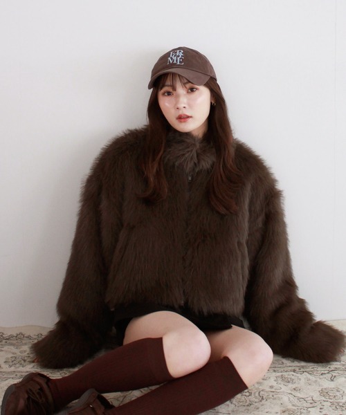 セール】ミックスファーショートコート / ダブルジップ スタンドカラー