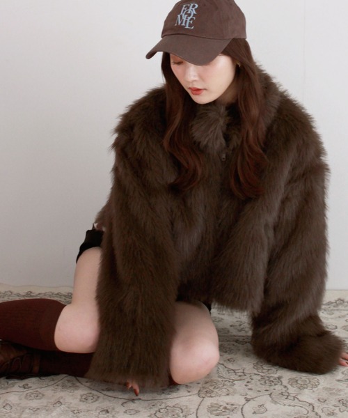 ミックスファーショートコート / ダブルジップ スタンドカラー