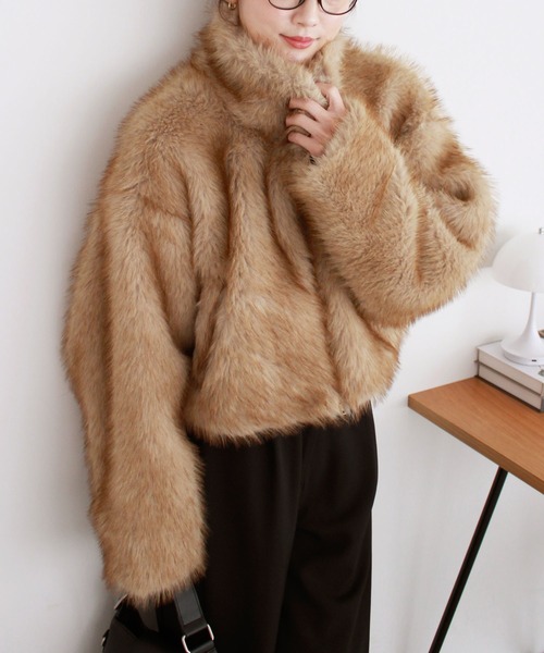 セール】ミックスファーショートコート / ダブルジップ スタンドカラー