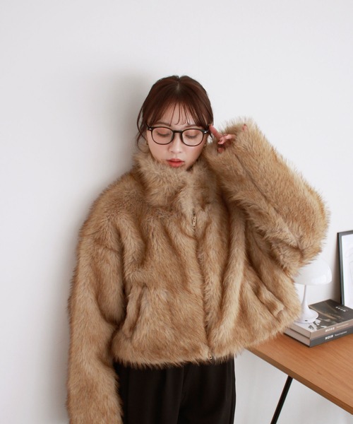 セール】ミックスファーショートコート / ダブルジップ スタンドカラー