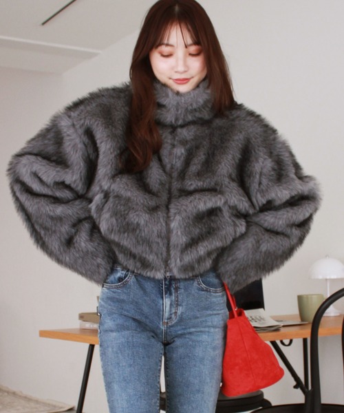 セール】ミックスファーショートコート / ダブルジップ スタンドカラー