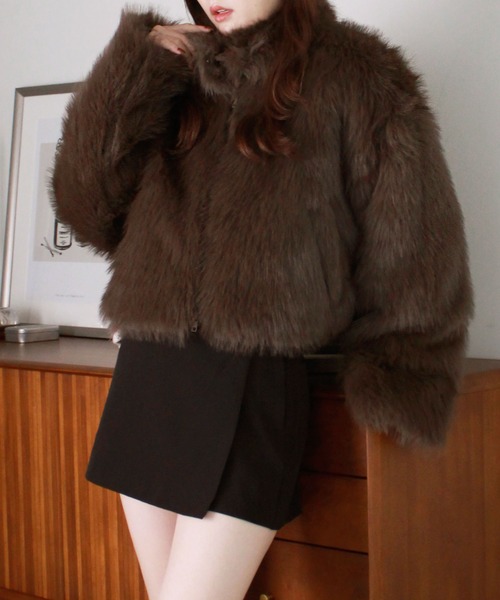 ファーコート ブラウン ショート丈 y2k セール】ミックスファーショートコート / ダブルジップ スタンドカラー