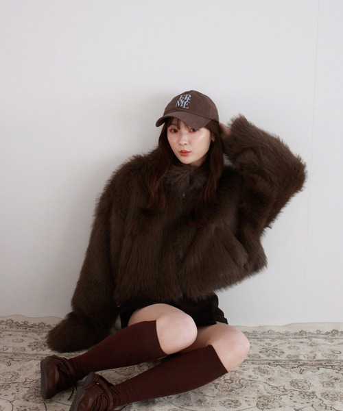 セール】ミックスファーショートコート / ダブルジップ スタンドカラー