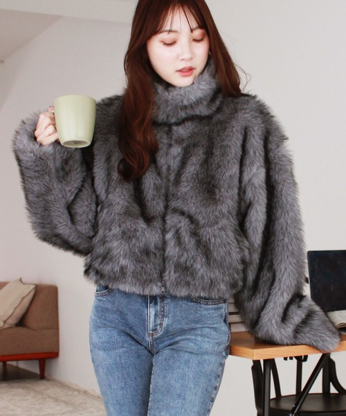 セール】ミックスファーショートコート / ダブルジップ スタンドカラー