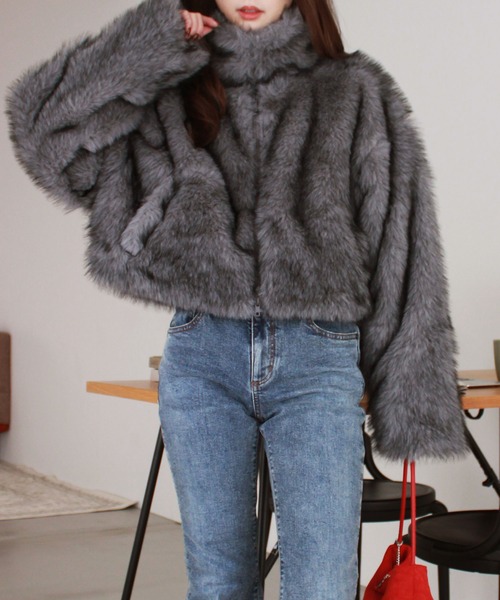 ミックスファーショートコート / ダブルジップ スタンドカラー