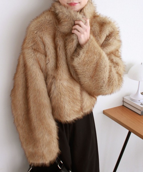 ミックスファーショートコート / ダブルジップ スタンドカラー