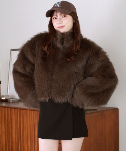 セール】ミックスファーショートコート / ダブルジップ スタンドカラー
