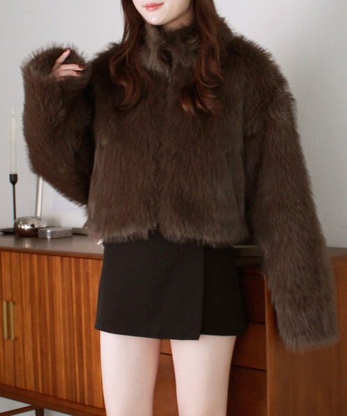 セール】ミックスファーショートコート / ダブルジップ スタンドカラー
