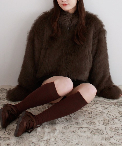 ミックスファーショートコート / ダブルジップ スタンドカラー