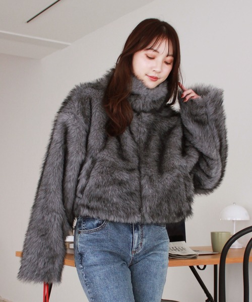 ミックスファーショートコート / ダブルジップ スタンドカラー