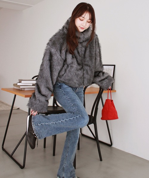 セール】ミックスファーショートコート / ダブルジップ スタンドカラー