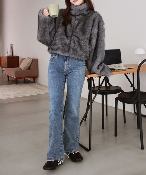 セール】ミックスファーショートコート / ダブルジップ スタンドカラー