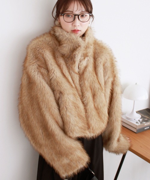 ミックスファーショートコート / ダブルジップ スタンドカラー