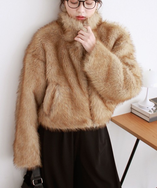 ミックスファーショートコート / ダブルジップ スタンドカラー