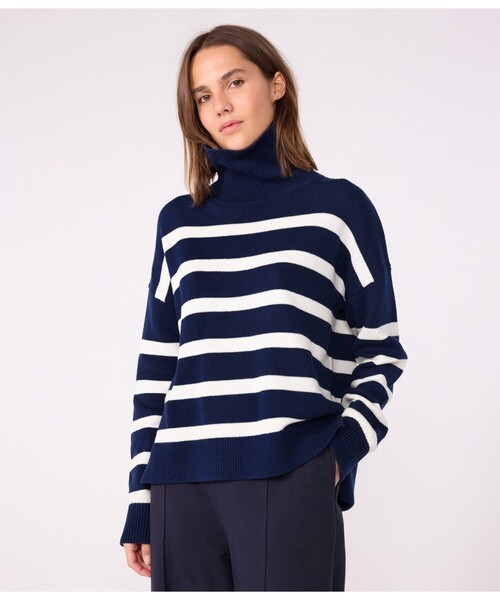 PETIT BATEAU(プチバトー)の「ニットプルオーバー(ニット/セーター・レディース・ホワイト×ブルー・XX-SMALL/X-SMALL/SMALL/MEDIUM)」の1枚目の写真