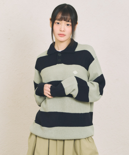 BOLD STRIPE COLLAR KNIT [NAVY] — вязаный джемпер с полосатым воротником, тёмно‑синий