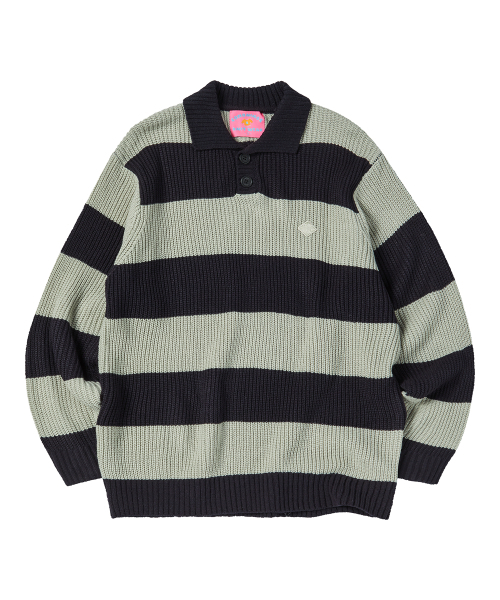 COMONINOZ（コモニノズ）の「BOLD STRIPE COLLAR KNIT [NAVY]（ニット/セーター・メンズ・ネイビー・SMALL/MEDIUM/LARGE）」の2枚目の写真