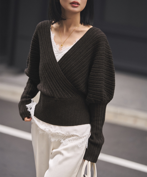 NOBLE ランダムリブニットプルオーバー カシュクールランダムリブニットプルオーバー（ニット／セーター