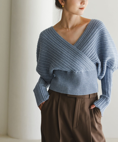 カシュクールランダムリブニットプルオーバー（ニット/セーター