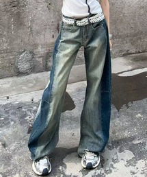 配色裾フリンジデニムワイドパンツ