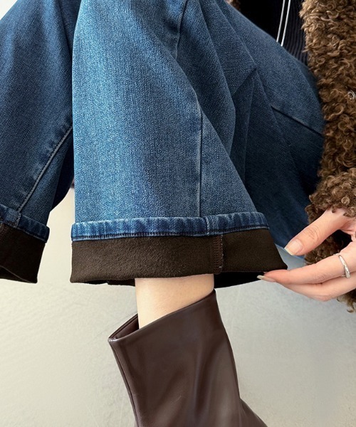 COCOMOMO（ココモモ）の「【楽 革 命】裏起毛デニムパンツ 裏起毛 楽革命デニムパンツ ストレッチ デニム パンツ ストレート ワイド ウエスト調整 ボタン付き 秋服 冬服（デニムパンツ・レディース・ダークブルー/ブルー系その他/ブルー/ブラック系/ブルー系/ブラック・XL/L/S/M）」の16枚目の写真