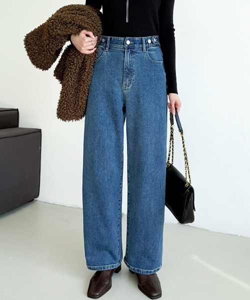 COCOMOMO（ココモモ）の「【楽 革 命】裏起毛デニムパンツ 裏起毛 楽革命デニムパンツ ストレッチ デニム パンツ ストレート ワイド ウエスト調整 ボタン付き 秋服 冬服（デニムパンツ・レディース・ダークブルー/ブルー系その他/ブルー/ブラック系/ブルー系/ブラック・XL/L/S/M）」の18枚目の写真