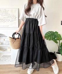 classicalelf（クラシカルエルフ）の「1枚で完成する、究極の大人カジュアル。半袖スウェットチュールドッキングワンピース（ワンピース）」