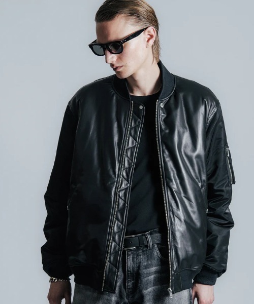 CRIMIE/クライミー/NYLON SLEEVE LEATHER MA1 JACKET/ナイロン