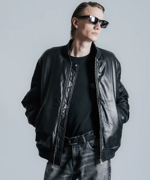 CRIMIE/クライミー/NYLON SLEEVE LEATHER MA1 JACKET/ナイロン