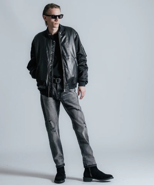 CRIMIE(クライミー)の「CRIMIE/クライミー/NYLON SLEEVE LEATHER MA1 JACKET/ナイロン スリーブ レザー MA1 ジャケット(MA-1・メンズ・ブラック・XL/L/XXL)」の2枚目の写真