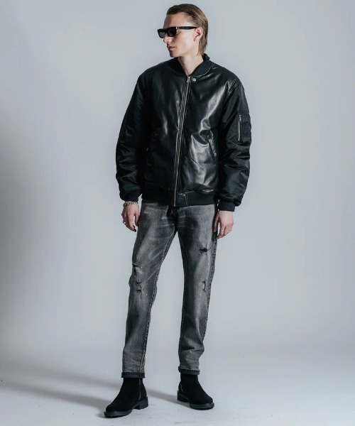 CRIMIE(クライミー)の「CRIMIE/クライミー/NYLON SLEEVE LEATHER MA1 JACKET/ナイロン スリーブ レザー MA1 ジャケット(MA-1・メンズ・ブラック・XL/L/XXL)」の3枚目の写真