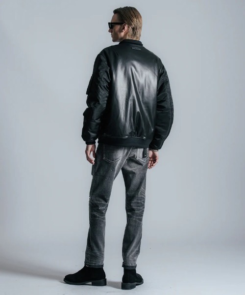 CRIMIE/クライミー/NYLON SLEEVE LEATHER MA1 JACKET/ナイロン