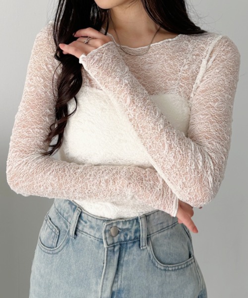 CLEA(クレア)の「総レースシアー長袖トップス(Tシャツ/カットソー・レディース・ホワイト/アイボリー/ブラック・FREE)」の3枚目の写真