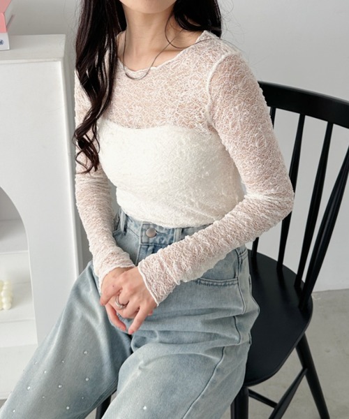 CLEA(クレア)の「総レースシアー長袖トップス(Tシャツ/カットソー・レディース・ホワイト/アイボリー/ブラック・FREE)」の13枚目の写真