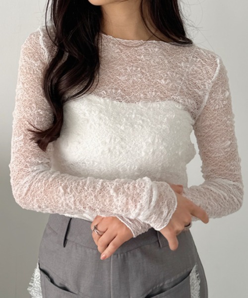 CLEA(クレア)の「総レースシアー長袖トップス(Tシャツ/カットソー・レディース・ホワイト/アイボリー/ブラック・FREE)」の5枚目の写真