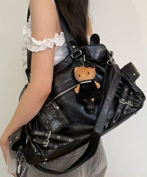 ショルダーバッグ*ハンドバッグ*ダブル仕様* クリア*ショルダー替え付き セール】2WAY サイドスタッズ ダブルベルト 大容量 ショルダー