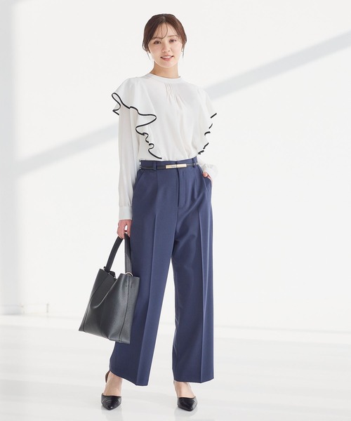 Andemiu（アンデミュウ）の「スカーフベルトつきストレートパンツ653134（スラックス・レディース・ネイビー/ベージュ/グレイッシュブルー・MEDIUM/SMALL）」の6枚目の写真