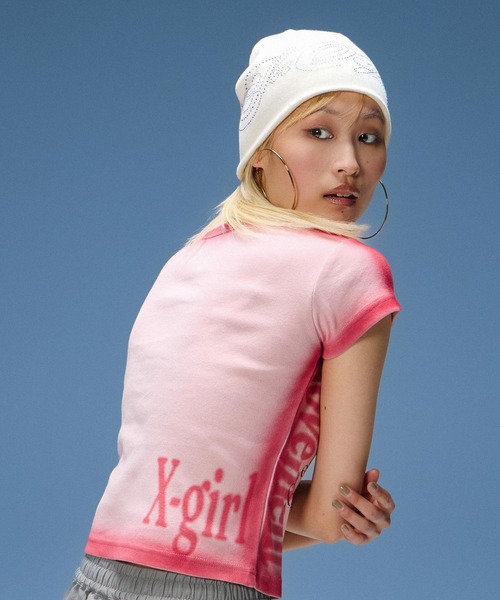 X-girl(エックスガール)の「RHINESTONE DECORATIVE SCRIPT LOGO BEANIE(ニットキャップ/ビーニー・レディース・ホワイト/ブラック/ピンク・ONE SIZE)」の11枚目の写真