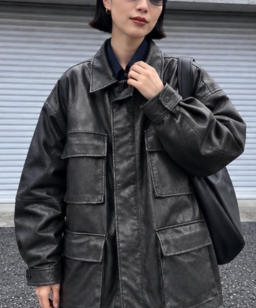 ARMY TWILL(アーミーツイル)の「【ARMY TWILL】Vegan Leather Jacket / レザーファティーグジャケット(ミリタリージャケット・メンズ・ベージュ/ブラック・M/L)」の7枚目の写真