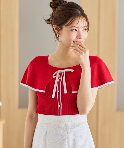 MISCH MASCH（ミッシュマッシュ）の「2026春夏新作 配色ケープリボンニット（ニット/セーター・レディース・グリーン/レッド/ホワイト/ブラック・ﾌﾘ-）」の7枚目の写真