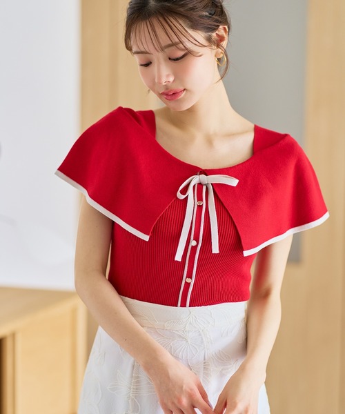 MISCH MASCH（ミッシュマッシュ）の「2026春夏新作 配色ケープリボンニット（ニット/セーター・レディース・グリーン/レッド/ホワイト/ブラック・ﾌﾘ-）」の8枚目の写真