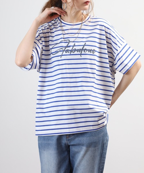 BRODIAEA(ブローディア)の「BRODIAEA ボーダーロゴプリント半袖Tシャツ 日本製(Tシャツ/カットソー・レディース・ブルー/グレー/ダークネイビー・40)」の2枚目の写真