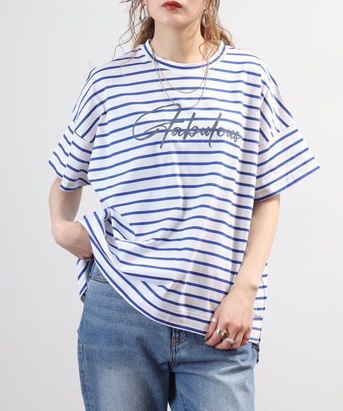 BRODIAEA(ブローディア)の「BRODIAEA ボーダーロゴプリント半袖Tシャツ 日本製(Tシャツ/カットソー・レディース・ブルー/グレー/ダークネイビー・40)」の11枚目の写真