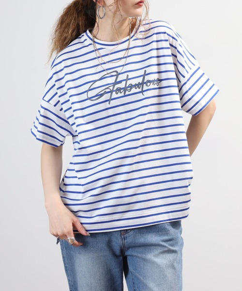 BRODIAEA(ブローディア)の「BRODIAEA ボーダーロゴプリント半袖Tシャツ 日本製(Tシャツ/カットソー・レディース・ブルー/グレー/ダークネイビー・40)」の12枚目の写真
