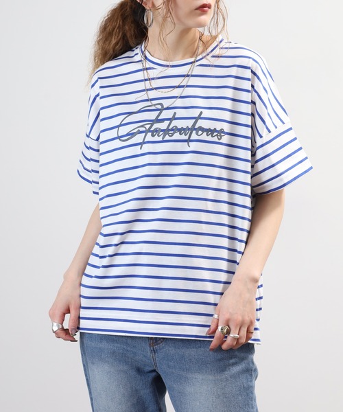 BRODIAEA(ブローディア)の「BRODIAEA ボーダーロゴプリント半袖Tシャツ 日本製(Tシャツ/カットソー・レディース・ブルー/グレー/ダークネイビー・40)」の14枚目の写真